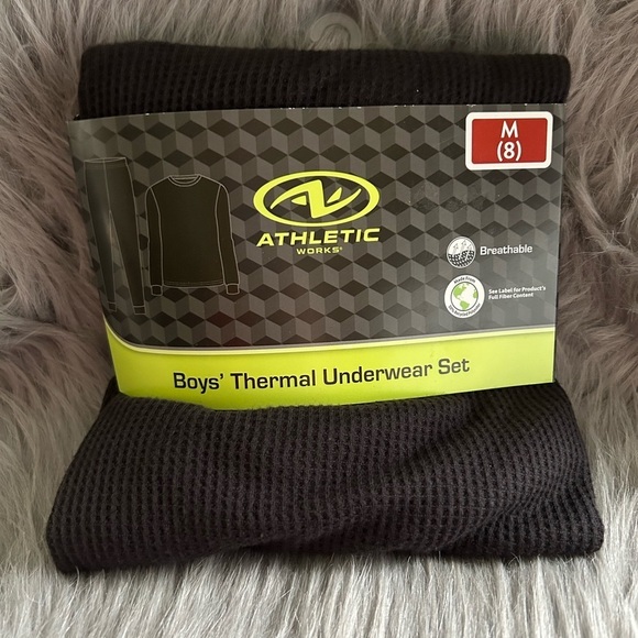 Athletic Works Thermal‎ Underwear Set Boys Size Medium Black Waffle Pajama Set - Picture 1 of 5